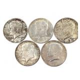 5 Kennedy Hald Dollars; 4 '64, 1 '66
