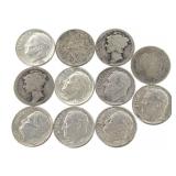 11 Silver Dimes: 7 Roosevelt, 2 Mercury, 1 Barber