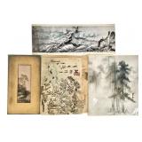 2 Orig Asian Ink Wash Paintings Zhou Fu Repro Set