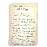 Will H Hays Autograph Inscription on Back End Page