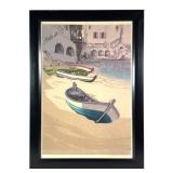 Signed Silkscreen Print Framed Boats at Shoreline