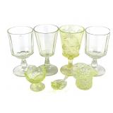 Antique Uranium Goblets, Bird, Hat & Footed Dish