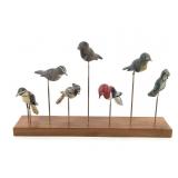 7 Hand Carved & Painted Folk Art Birds w Stand