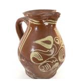 Lg Primitive Redware Pitcher w Yellow Slip Decor