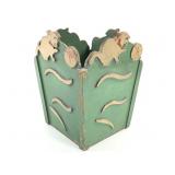 Folk Art Painted Waste Basket w Applied Cats