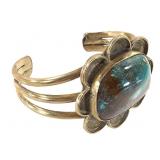 Ray Notah Signed Brass & Turquoise Scalloped Cuff