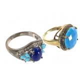 2 Sterling Turquoise Lapis Rings 12.4g TW
