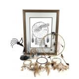 Owl Print W/ Dream Catchers And Candleholder