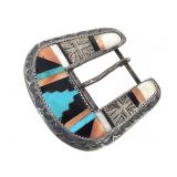 Silver Belt Buckle w Stone & Shell Inlay 29.2g TW