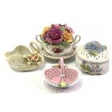 4Pcs Decorative Ceramic Items w Swan, Basket +