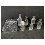 5 Apothecary Bottles Pressed Glass Relish Dish+