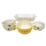 Pyrex & Fire King Caserole Dish & 3 BC Comic Bowls
