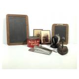Vtg Chalk Boards, Pencil Sharpener, Iron, Photos +