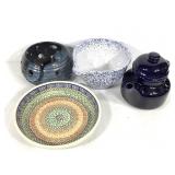 Pottery Mixing Bowl, Cobalt Teapot, Polish Dish +