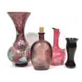 Cranberry Cut Crystal Decanter Blown Glass Vase+