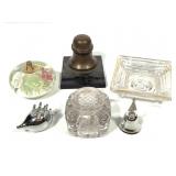 Vtg Glass Ashtray, Metal Inkwell, Paperweight +