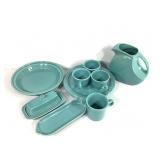 Fiesta Teal Pitcher, Butter Dish, Teacups +