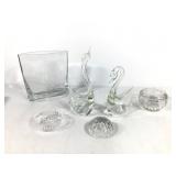 Crystal & Glass Swans, Etched Vase, Lidded Dish +