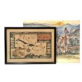 Framed West Indies Map & Signed Mariuo Pastel