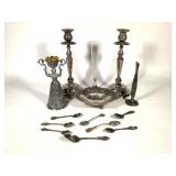 Silver Plated Candle Holders, Footed Dish, Spoons+