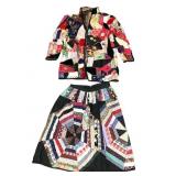 Vtg Jacket & Skirt Made From Crazy Quilt Fragments