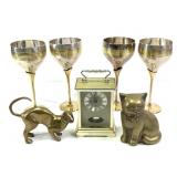 Silver Plated Goblets, Clock, and Brass Cats
