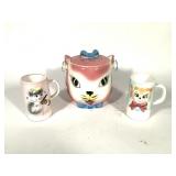 Vtg Pastel Ceramic Cat Cookie Jar & Mugs