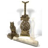 Brass Door Stop & Owl Marble Virgin Mary & Pestle