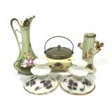 Hand Painted w Gilt Milk Glass Candlesticks Vase +