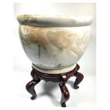 Lg Marbled Glaze Finish Planter w Wood Stand