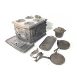 Antique Cast Iron Mini Stove w Accessories