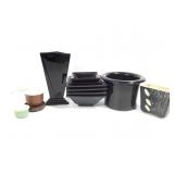12 Art Deco Ebony Glass Vase Terre Cotta Dish Set+