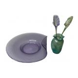 Art Glass Bowl & Vase w/ Flowers