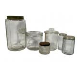 4 Glass Canisters & Barbosol & Wisconsin Cigar Jar