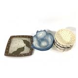 4 Scalloped Bowls Signed Cat Bowls & Platter