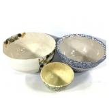 3 Lg Bowls Signed Art Pottery & 2 Spongeware Bowls
