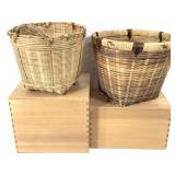 2 Japanese Dovetail Wood Boxes & 2 Woven Baskets