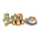 Lusterware Hand Painted Condiment Set w Tray +