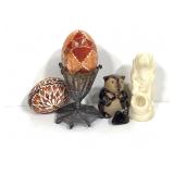 2 Pysanka Wax Resist Dyed Eggs & 2 Animal Figurine