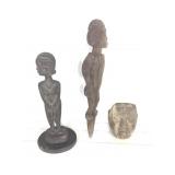 Carved Stone Face & 2 Wood Figures