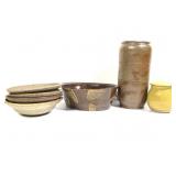 7 Signed Art Pottery Vase 5 Bowls & Sugar w Lid