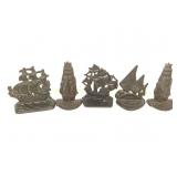 2 Or Cast Brass Ship Bookends & Fish Bookend