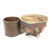 Footed Ceramic Planter & Brown Stoneware Crock