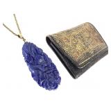 Carved Chinese Lapis Lazuli Pendant w/ GF Chain