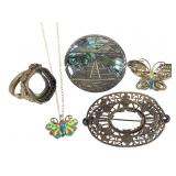 Sterling Paua Shell Brooch, 12k GF Necklace +