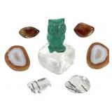 Carved Malachite Owl Polished Agate Slabs +
