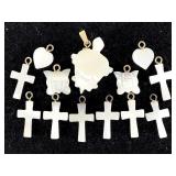 Carved Mother of Pearl Pendants Cross, Heart +