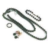 Jade Beaded Necklace, Bracelet, Ring & Earring Set