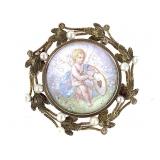 14k Antique Gold Brooch w/ Pearls & Cherub