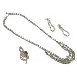 Vtg Rhinestone Necklace, Earring & Brooch Set